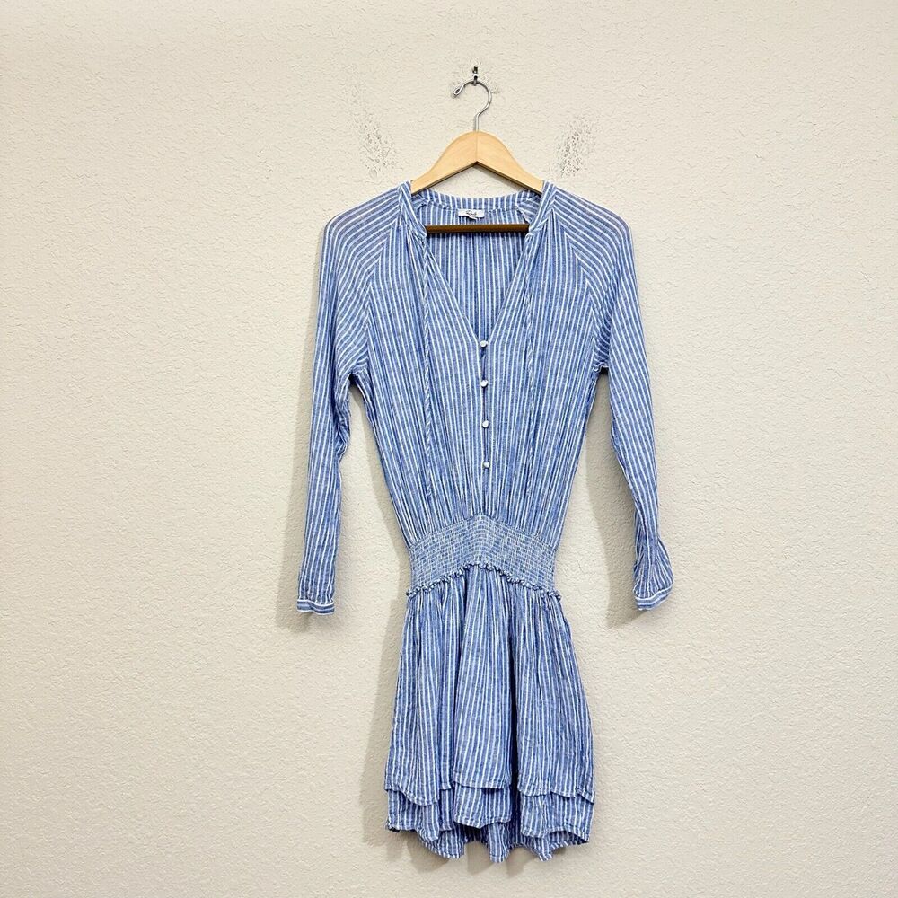 RAILS Jasmine Linen Dress Smocked Waist in Azure Stripe